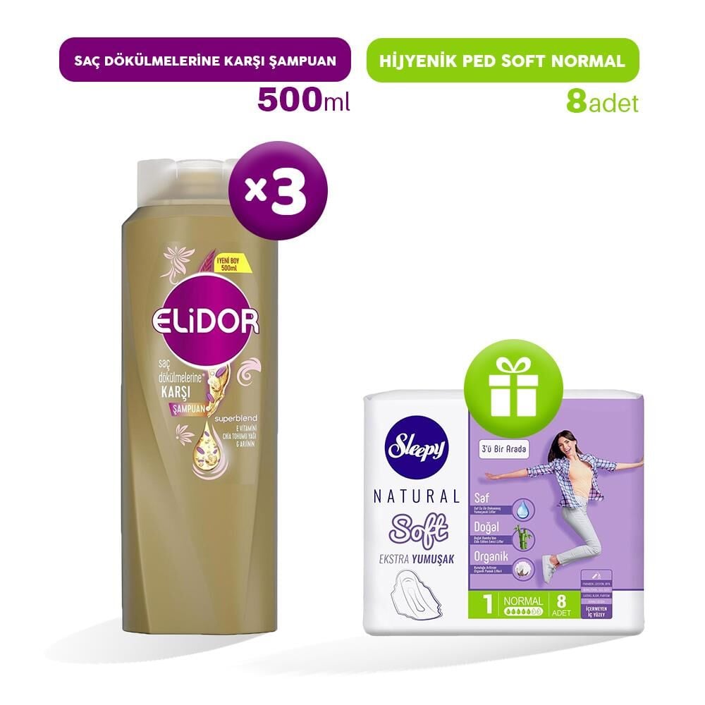 Elidor Şampuan Saç Dökülmelerine Karşı 500 ml x 3, Hijyenik Ped Normal 8'li Hediye