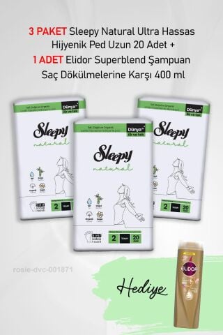 Sleepy Natural Ultra Hassas Hijyenik Ped Uzun 20 Adet X3 ve Elidor Şampuan Saç Dökülme Karşıtı 400 ml