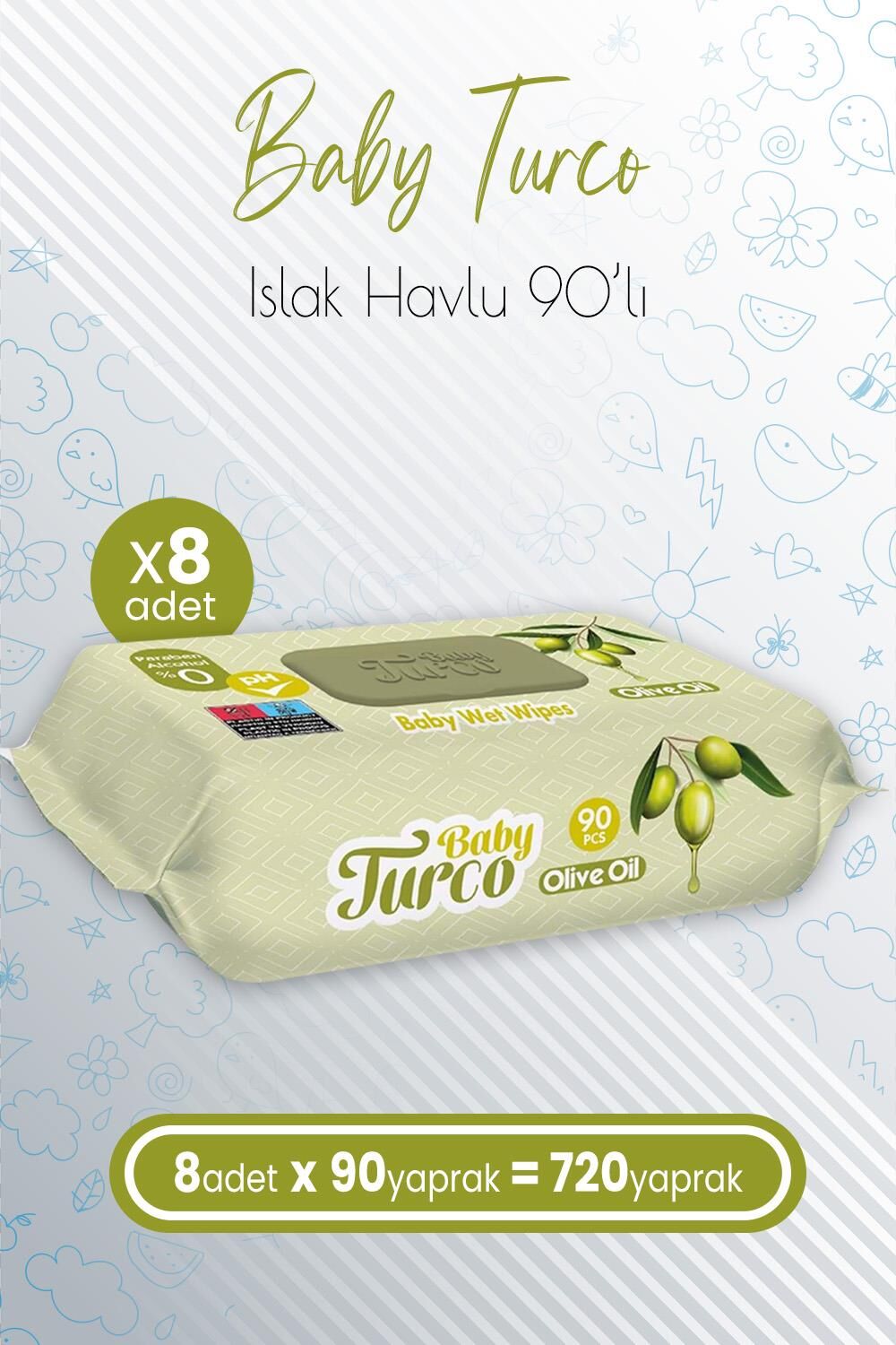 Baby Turco Bebek Islak Havlu Olive Oil 90' lı x 8 Adet (720 Yaprak)