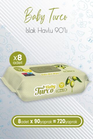 Baby Turco Bebek Islak Havlu Olive Oil 90' lı x 8 Adet (720 Yaprak)