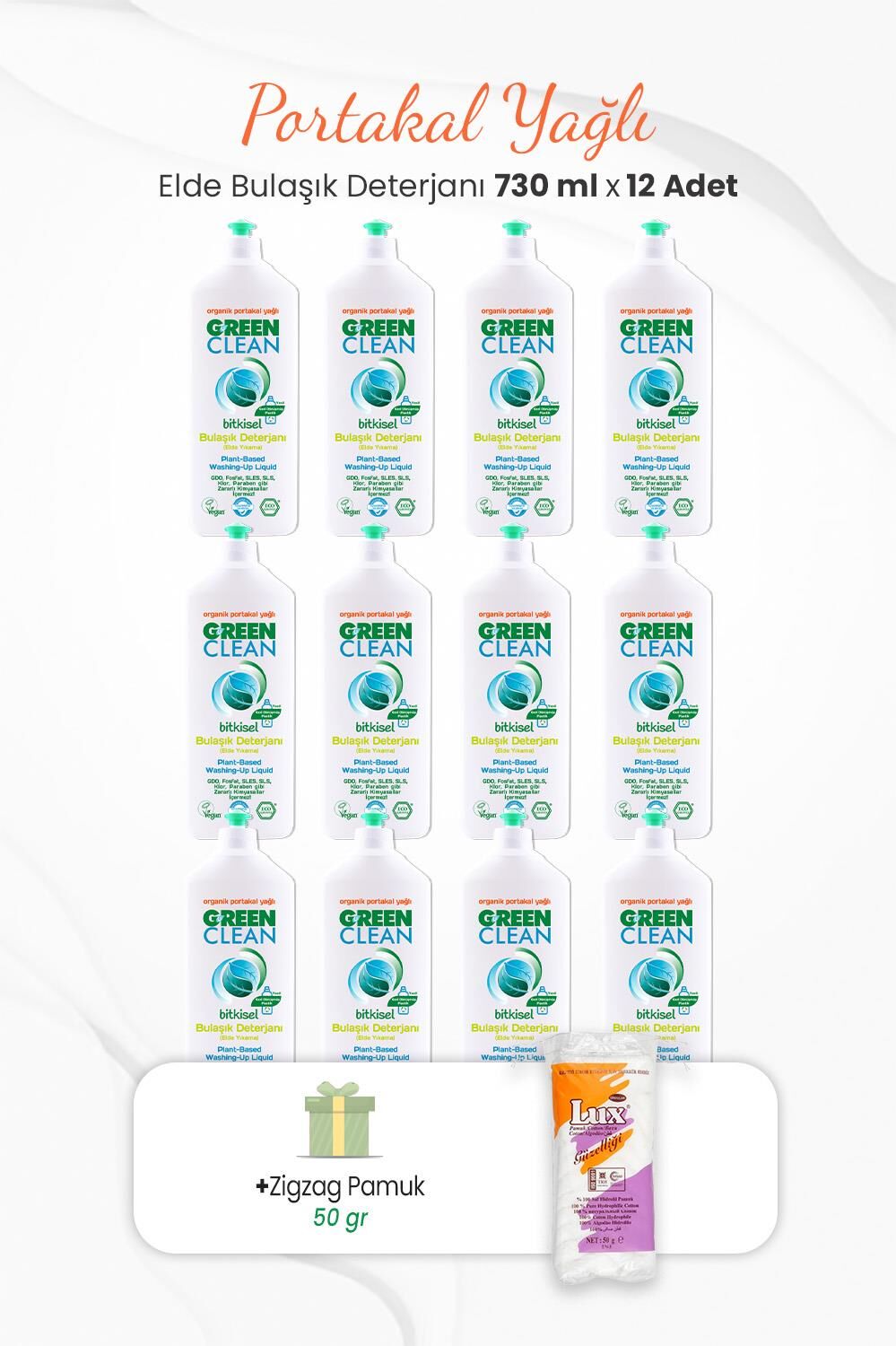 Green Clean Elde Bulaşık Deterjanı 730 ml x 12 Adet ve Zigzag Pamuk 50 gr