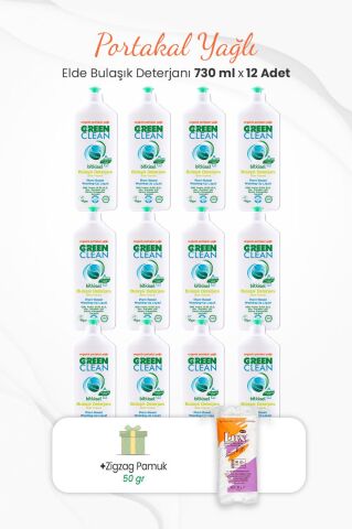 Green Clean Elde Bulaşık Deterjanı 730 ml x 12 Adet ve Zigzag Pamuk 50 gr
