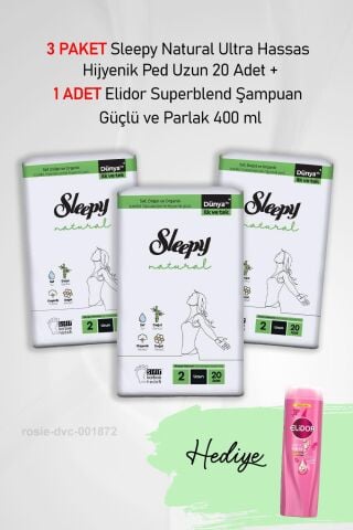 Sleepy Natural Ultra Hassas Hijyenik Ped Uzun 20 Adet X3 ve Elidor Şampuan Güçlü ve Parlak 400 ml