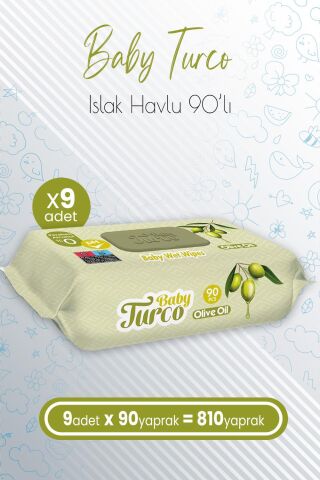 Baby Turco Bebek Islak Havlu Olive Oil 90' lı x 9 Adet (810 Yaprak)