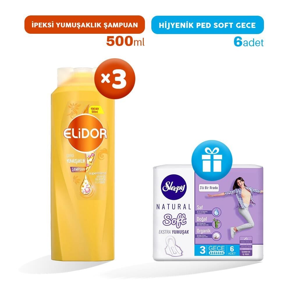 Elidor Şampuan İpeksi Yumuşaklık 500 ml x 3, Hijyenik Ped Gece 6'lı Hediye