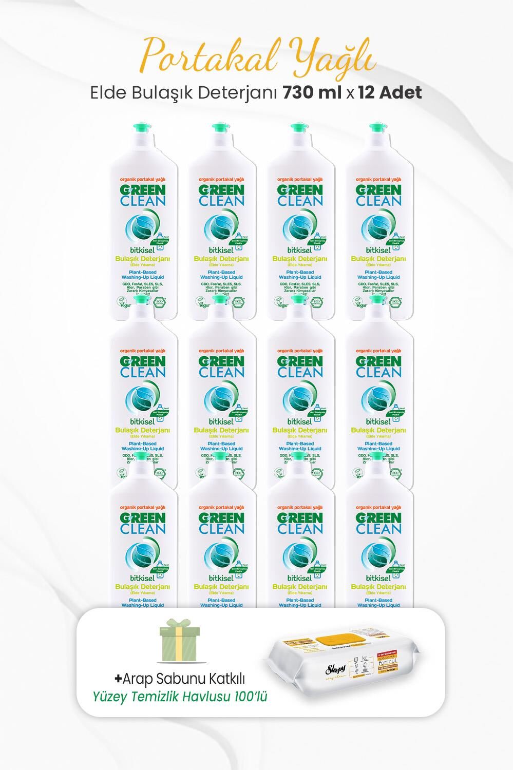 Green Clean 12li Elde Bulaşık Deterjanı  730 ml ve Arap Sabunlu Temizlik Havlusu