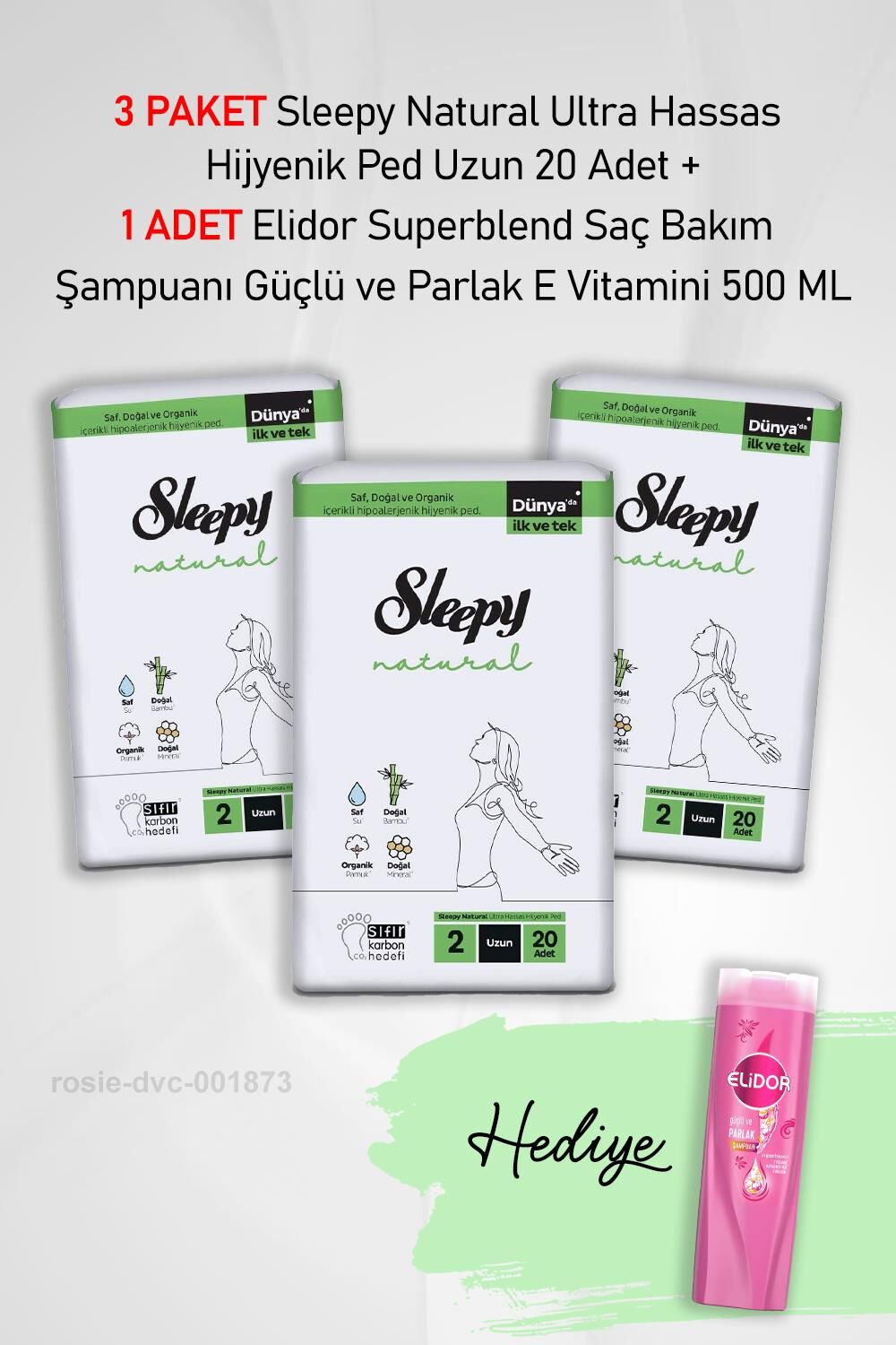 Sleepy Natural Ultra Hassas Hijyenik Ped Uzun 20 Adet X3 ve Elidor Saç Bakım Şampuanı 500 ML