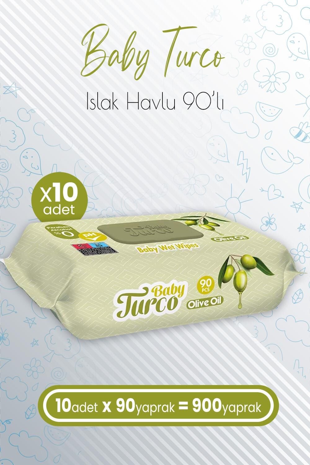 Baby Turco Bebek Islak Havlu Olive Oil 90' lı x 10 Adet (900 Yaprak)