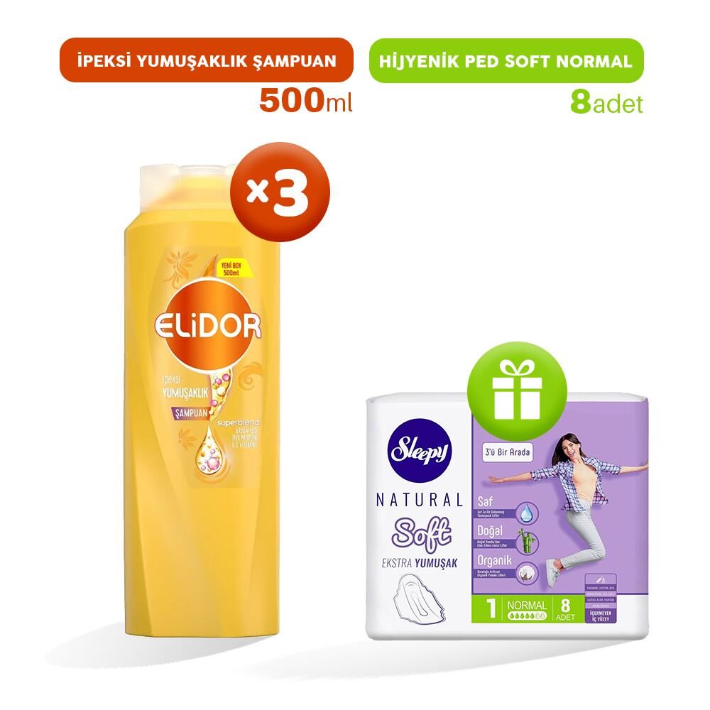 Elidor Şampuan İpeksi Yumuşaklık 500 ml x 3, Hijyenik Ped Normal 8'li Hediye