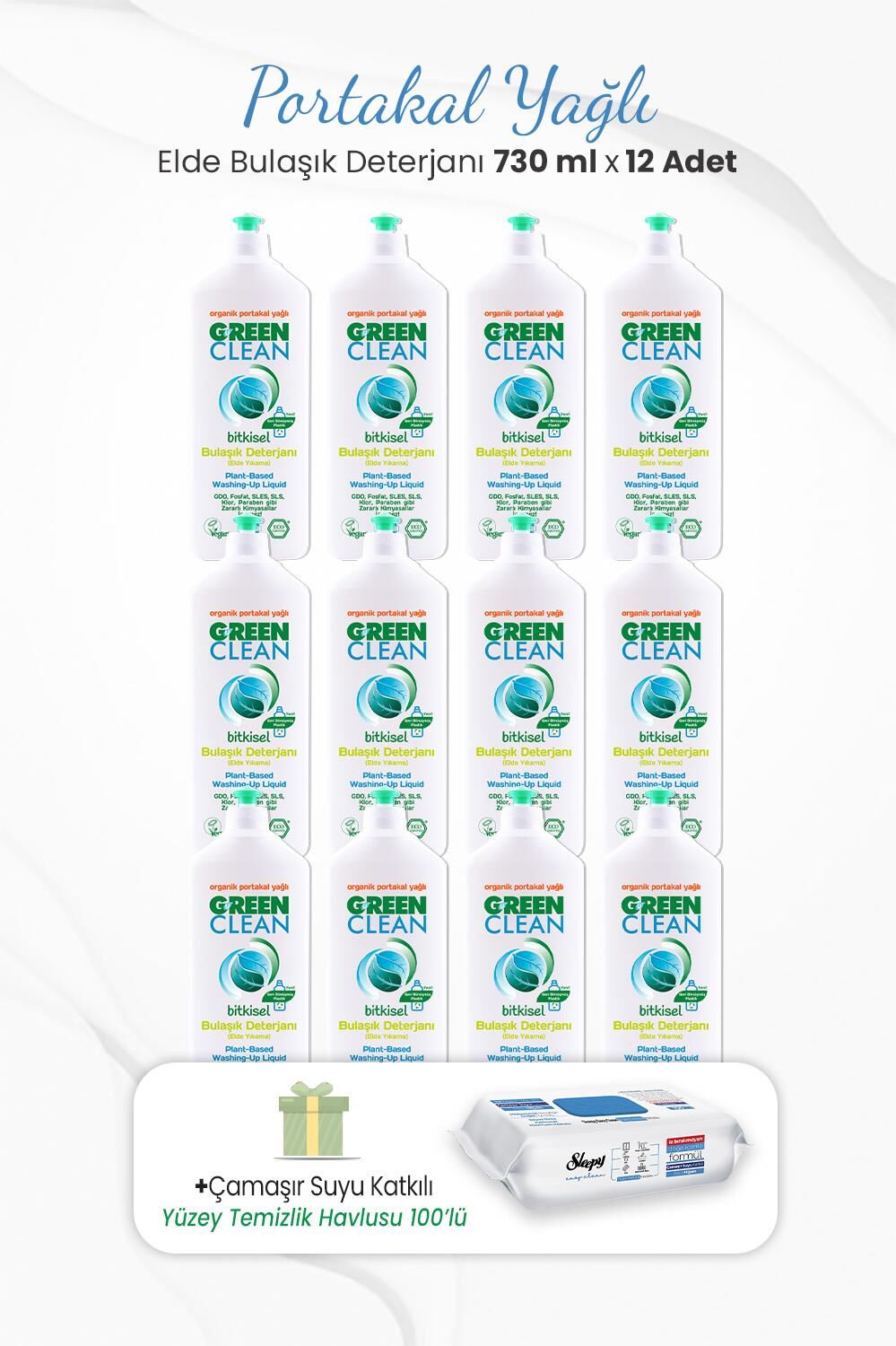 Green Clean 730 ml Bitkisel Elde Bulaşık Deterjanı x 12 Adet ve Çamaşır Sulu Temizlik Havlusu