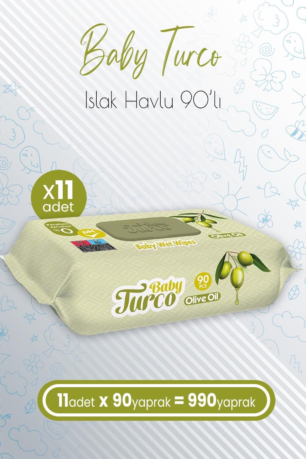 Baby Turco Bebek Islak Havlu Olive Oil 90' lı x 11 Adet (990 Yaprak)