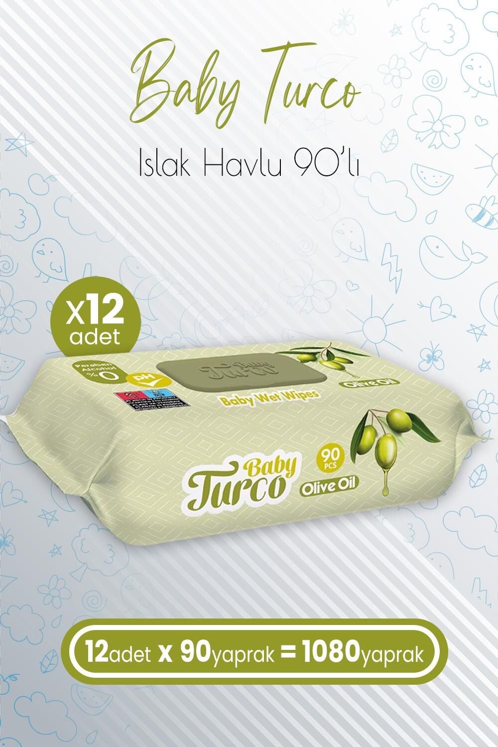 Baby Turco Bebek Islak Havlu Olive Oil 90' lı x 12 Adet (1080 Yaprak)
