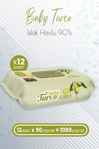 Baby Turco Bebek Islak Havlu Olive Oil 90' lı x 12 Adet (1080 Yaprak)