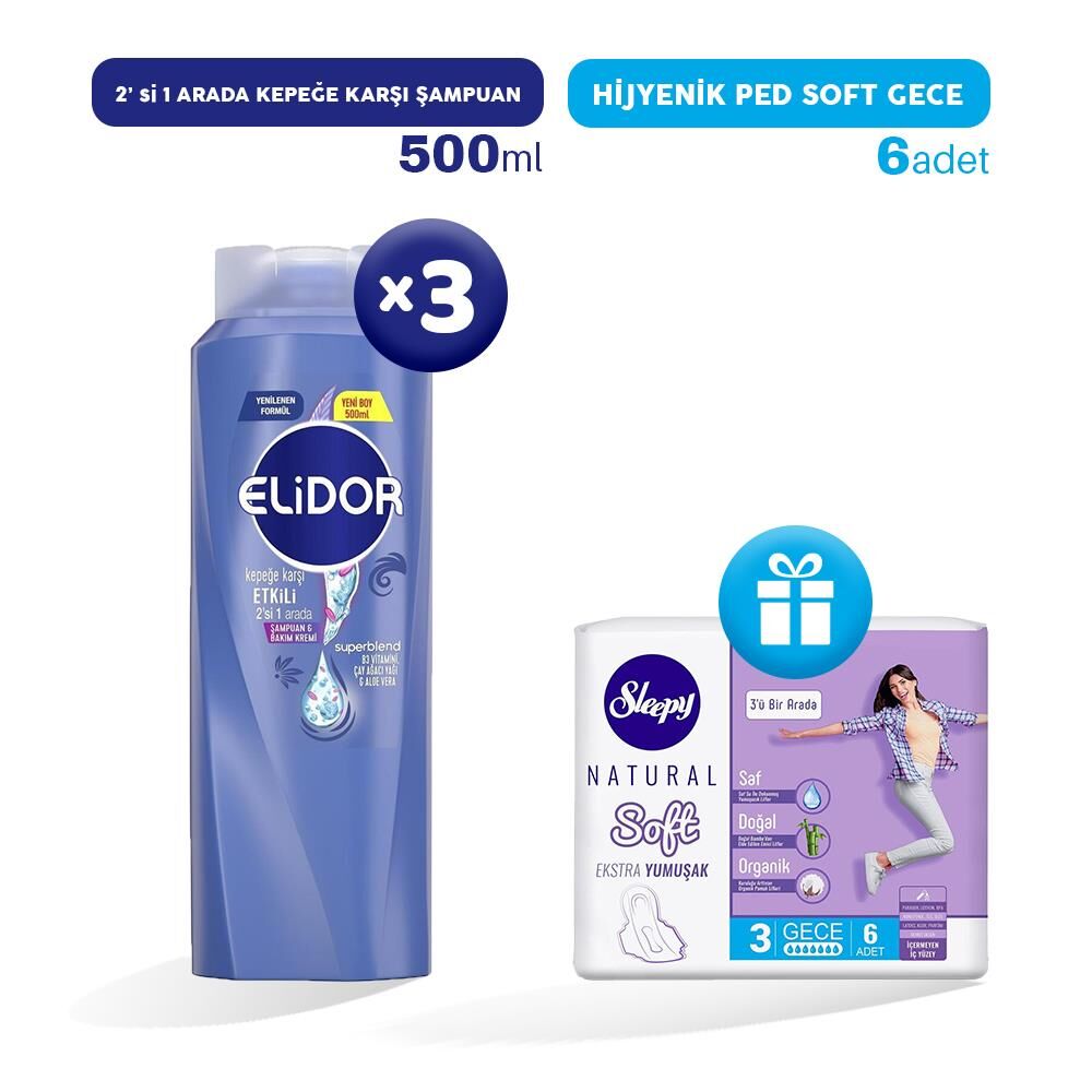 Elidor 2'si 1 Arada Şampuan Kepeğe Karşı Etkili 500 ml x 3, Hijyenik Ped Gece 6'lı Hediye