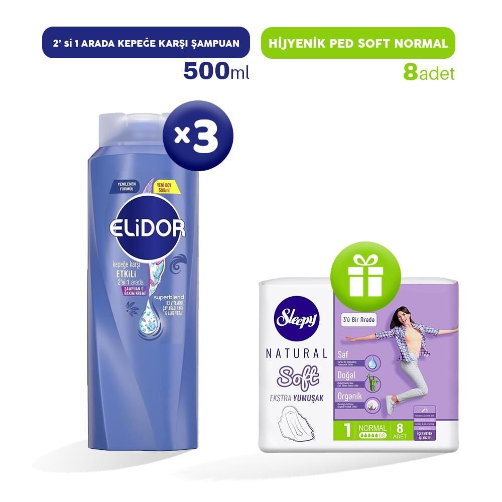 Elidor 2'si 1 Arada Şampuan Kepeğe Karşı Etkili 500 ml x 3, Hijyenik Ped Normal 8'li Hediye