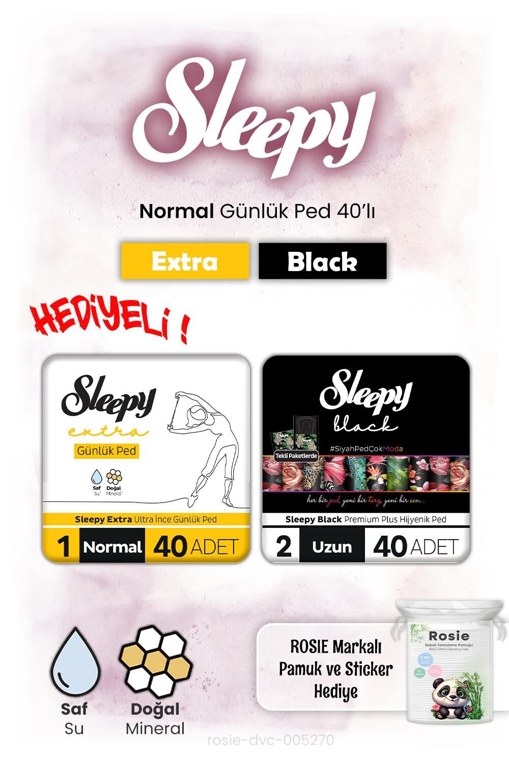 Sleepy Extra ve Black Günlük Ped Normal 40'lı ve Rosie hediye