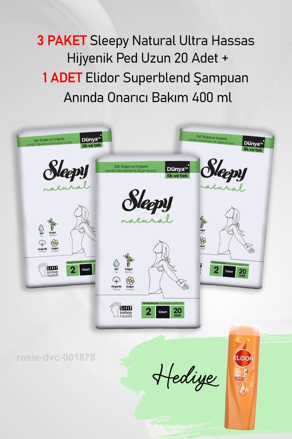 Sleepy Natural Ultra Hassas Hijyenik Ped Uzun 20 Adet X3 ve Elidor  Şampuan Anında Onarıcı Bakım 400 ml