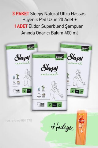 Sleepy Natural Ultra Hassas Hijyenik Ped Uzun 20 Adet X3 ve Elidor  Şampuan Anında Onarıcı Bakım 400 ml