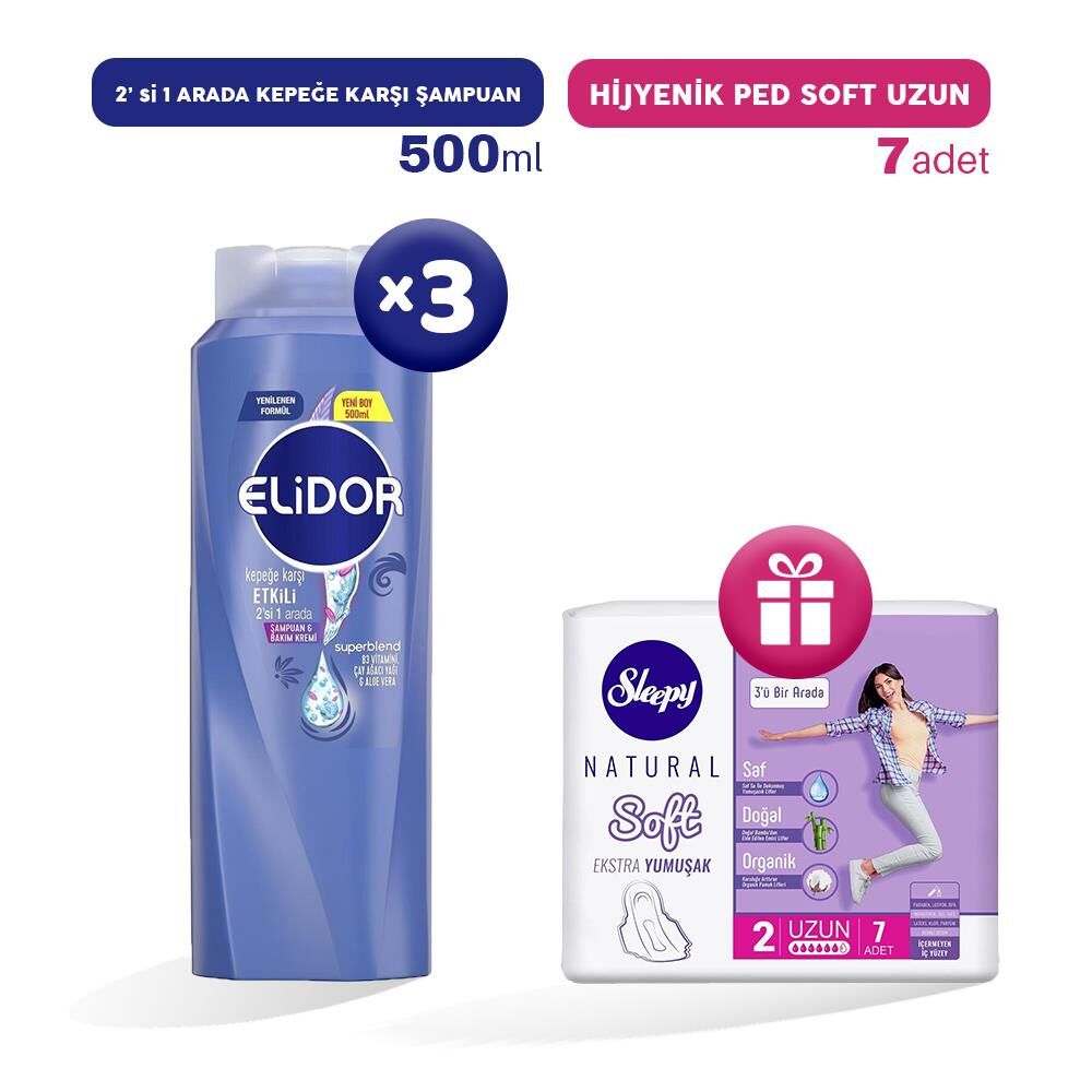 Elidor 2'si 1 Arada Şampuan Kepeğe Karşı Etkili 500 ml x 3, Hijyenik Ped Uzun 7'li Hediye