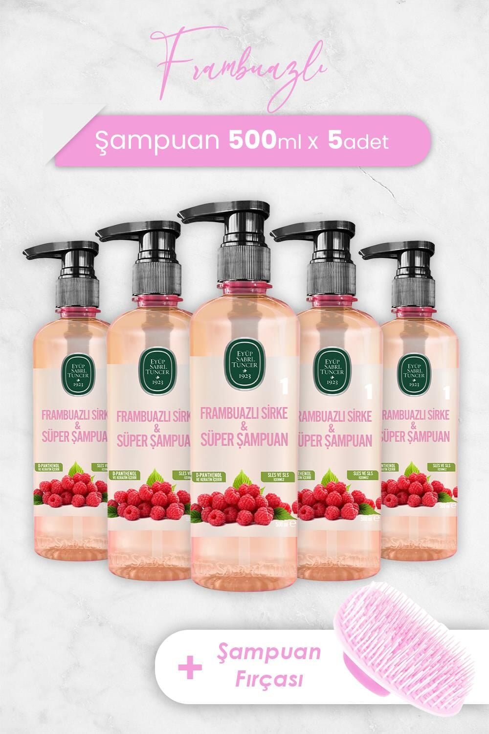 Eyüp Sabri Tuncer Frambuazlı Sirke & Süper Şampuan 500 ml x 5 Adet ve Şampuan Fırçası