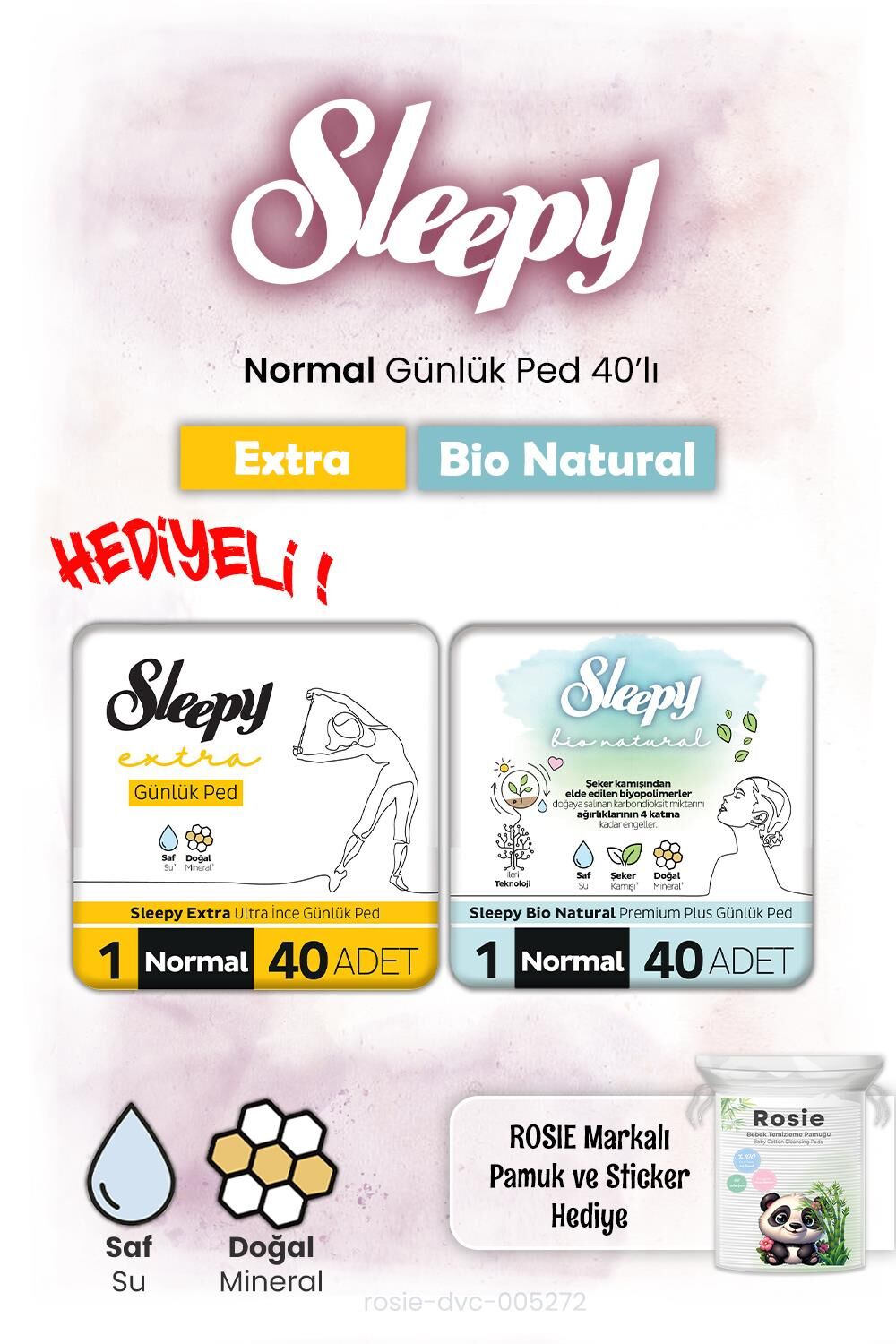 Sleepy Bio Natural ve Extra Günlük Ped Normal 40'lı ve Rosie hediye
