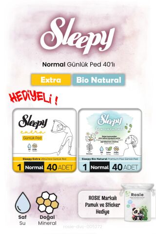 Sleepy Bio Natural ve Extra Günlük Ped Normal 40'lı ve Rosie hediye