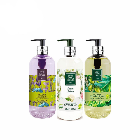 Düvenci Toptan Eyüp Sabri Tuncer Zeytin Çiçeği, Lavanta ve Beyaz SabunSıvı Sabun Seti 3' lü Paket 500 ML