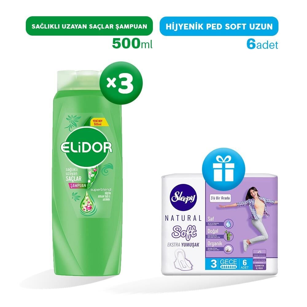 Elidor Şampuan Sağlıklı Uzayan Saçlar 500 ml x 3, Hijyenik Ped Gece 6'lı Hediye