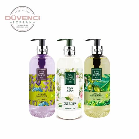 Düvenci Toptan Eyüp Sabri Tuncer Zeytin Çiçeği, Lavanta ve Beyaz SabunSıvı Sabun Seti 3' lü Paket 500 ML