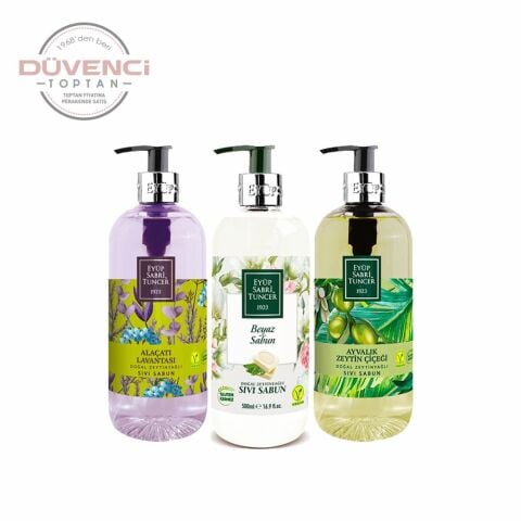 Düvenci Toptan Eyüp Sabri Tuncer Zeytin Çiçeği, Lavanta ve Beyaz SabunSıvı Sabun Seti 3' lü Paket 500 ML