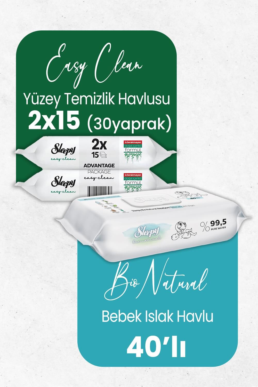 Sleepy Bio Natural Yenidoğan Islak Havlu 40'lı ve Temizlik Havlusu 30' lu