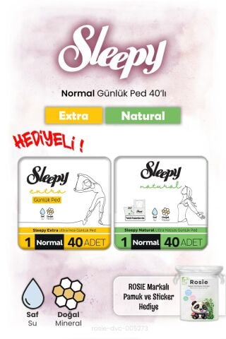 Sleepy Natural ve Extra Günlük Ped Normal 40'lı ve Rosie hediye