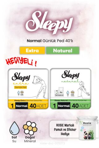 Sleepy Natural ve Extra Günlük Ped Normal 40'lı ve Rosie hediye