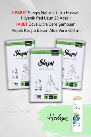 Sleepy Natural Ultra Hassas Hijyenik Ped Uzun 20 Adet X3 ve Hediye Dove 400 ml
