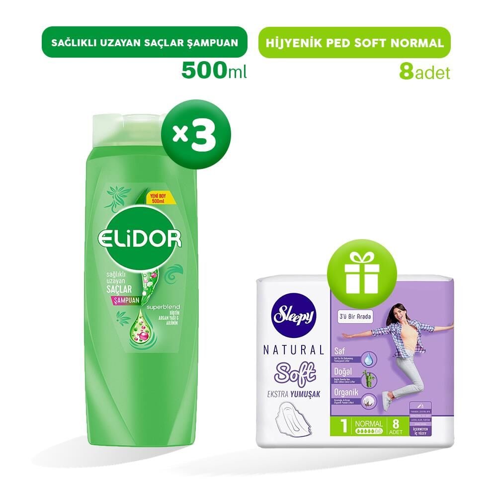 Elidor Şampuan Sağlıklı Uzayan Saçlar 500 ml x 3, Hijyenik Ped Normal 8'li Hediye