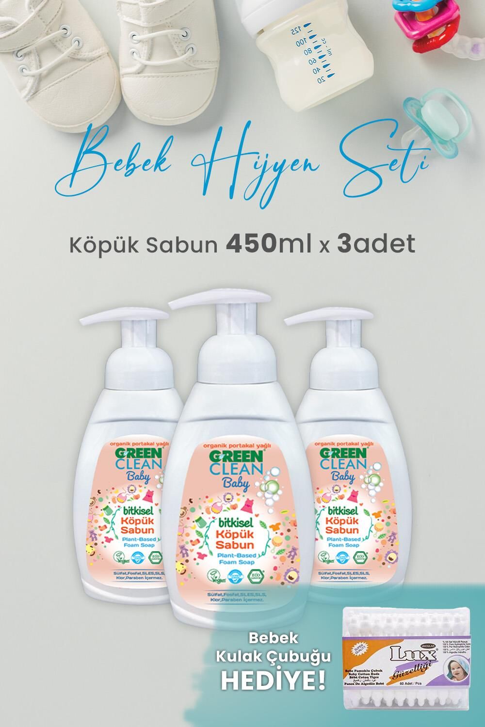 Green Clean Baby Köpük Sabun Portakal Yağlı 450 ml x 3 Adet ve Hediyeli