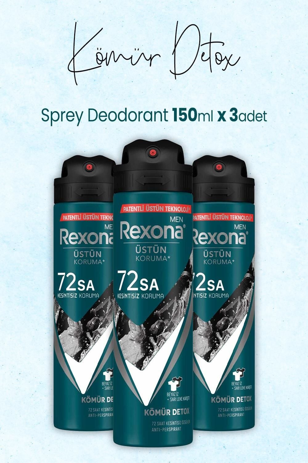 Rexona Men Sprey Deodorant Kömür Detox 150 ml x 3 Adet