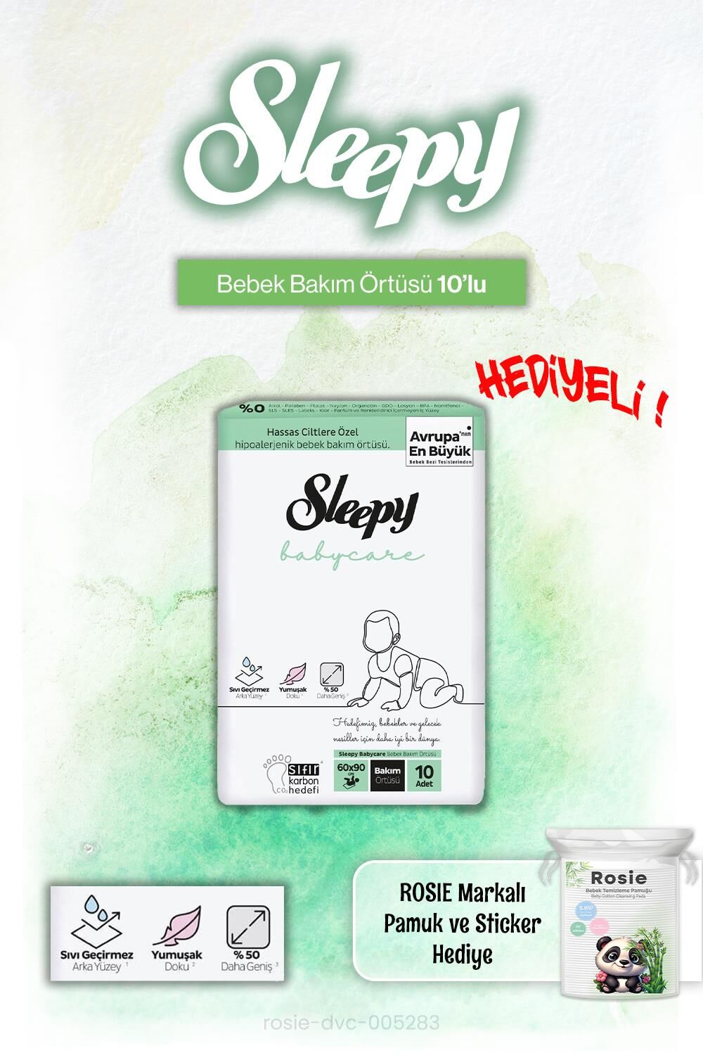 Sleepy Babycare Bebek Bakım Örtüsü 10'lu ve Rosie Pamuk Hediye