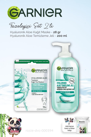 Garnier Temizleme Jeli Hyaluronik Aloe 200 ml, Kağıt Yüz Maskesi 28 gr ve ROSIE