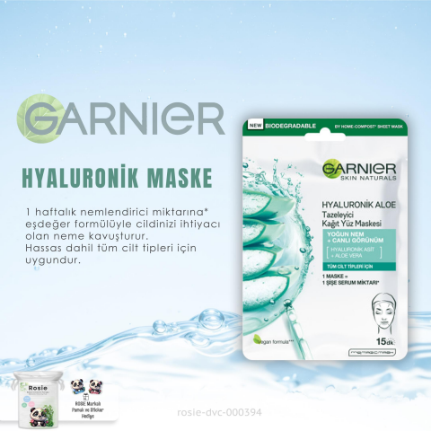 Garnier Temizleme Jeli Hyaluronik Aloe 200 ml, Kağıt Yüz Maskesi 28 gr ve ROSIE