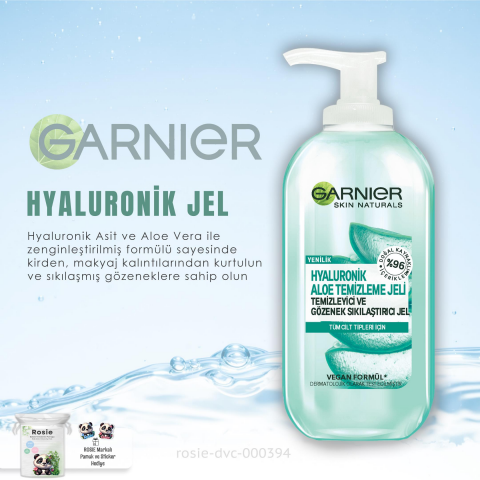 Garnier Temizleme Jeli Hyaluronik Aloe 200 ml, Kağıt Yüz Maskesi 28 gr ve ROSIE