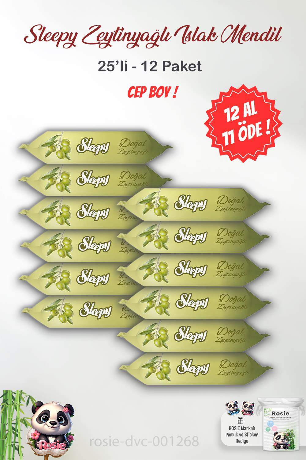 12 AL 11 ÖDE Sleepy Doğal Zeytinyağlı Islak Mendil 25'li ve ROSIE