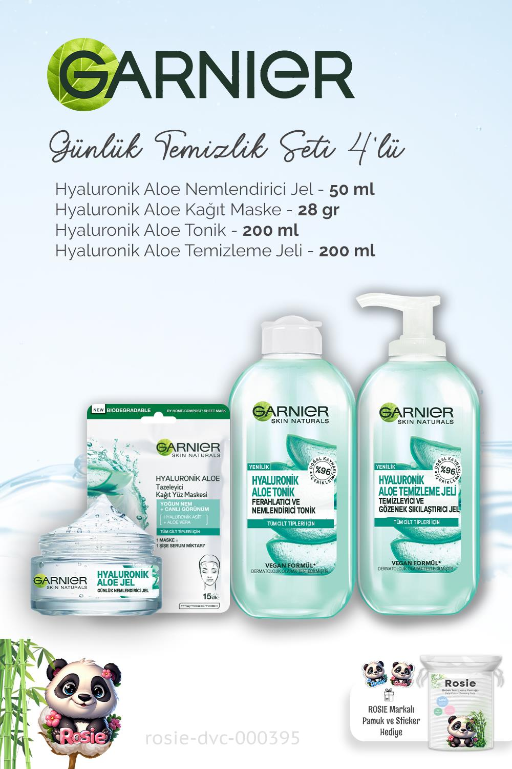 Garnier Hyaluronik Aloe Yüz Bakım Seti 4'lü ve ROSIE Temizleme Pamuğu