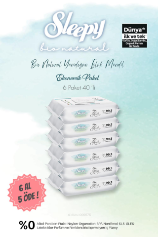 Sleepy Bio Natural Islak Havlu 40'lı  6 AL 5 ÖDE ve Bebe Temizleme Pamuğu,
