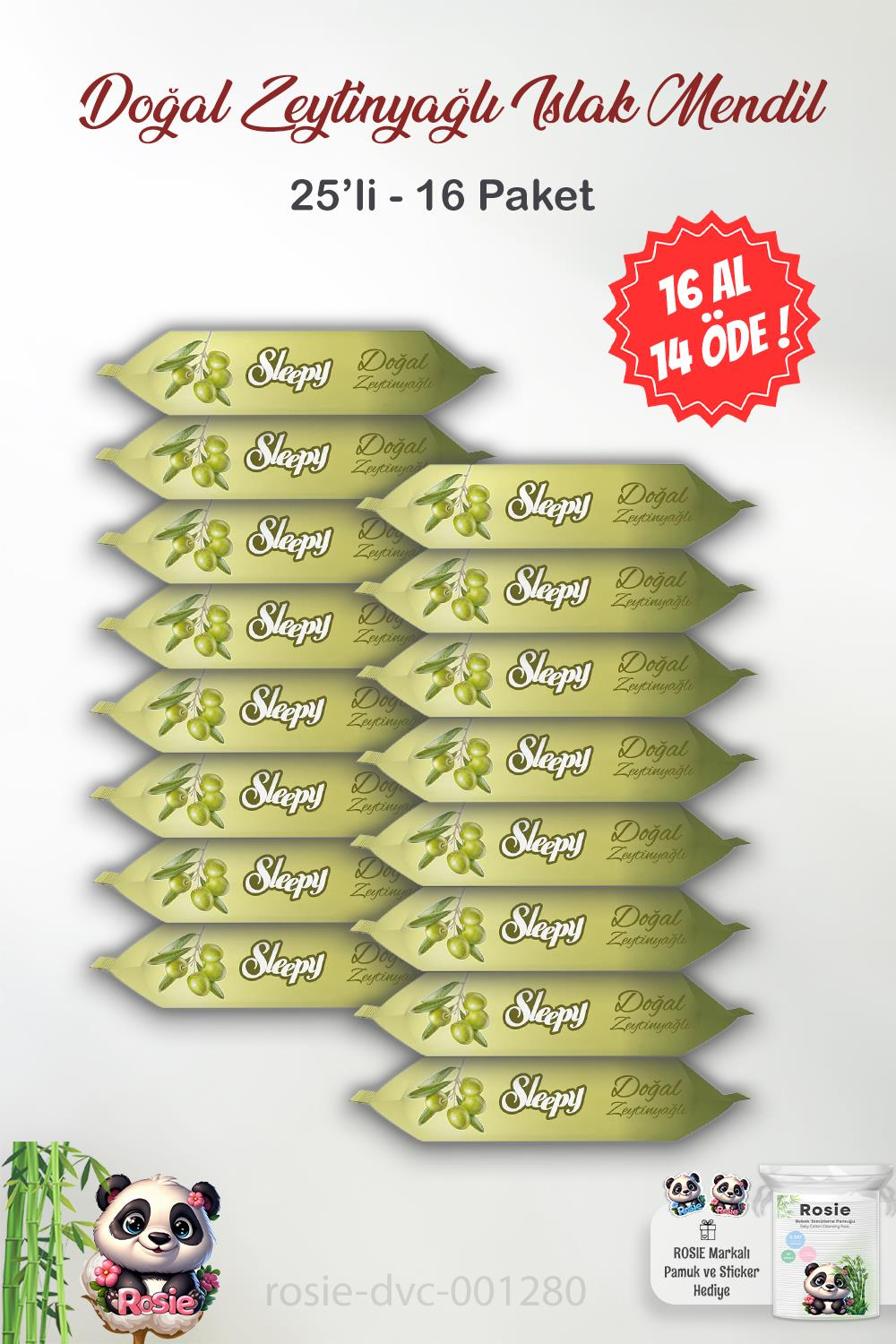 16 AL 14 ÖDE Sleepy Doğal Zeytinyağlı Islak Mendil 25'li ve ROSIE Pamuk