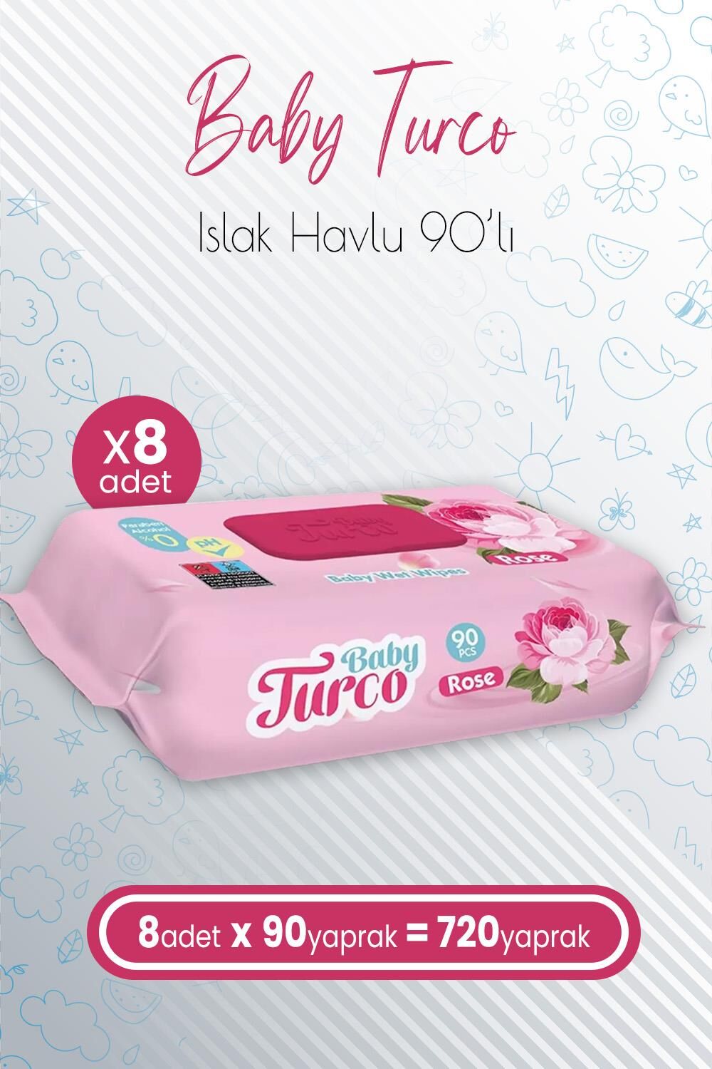 Baby Turco Bebek Islak Havlu Rose 90' lı x 8 Adet (720 Yaprak)