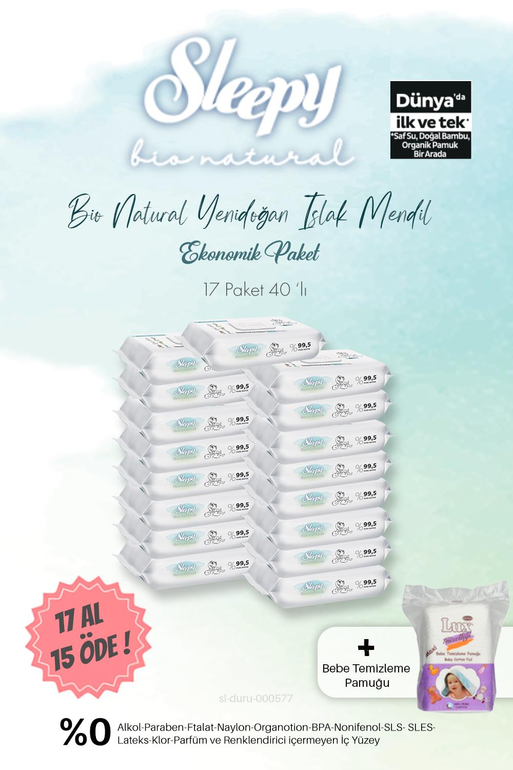 Sleepy Bio Natural Islak Havlu 40'lı 17 AL 15 ÖDE ve Bebe Temizleme Pamuğu