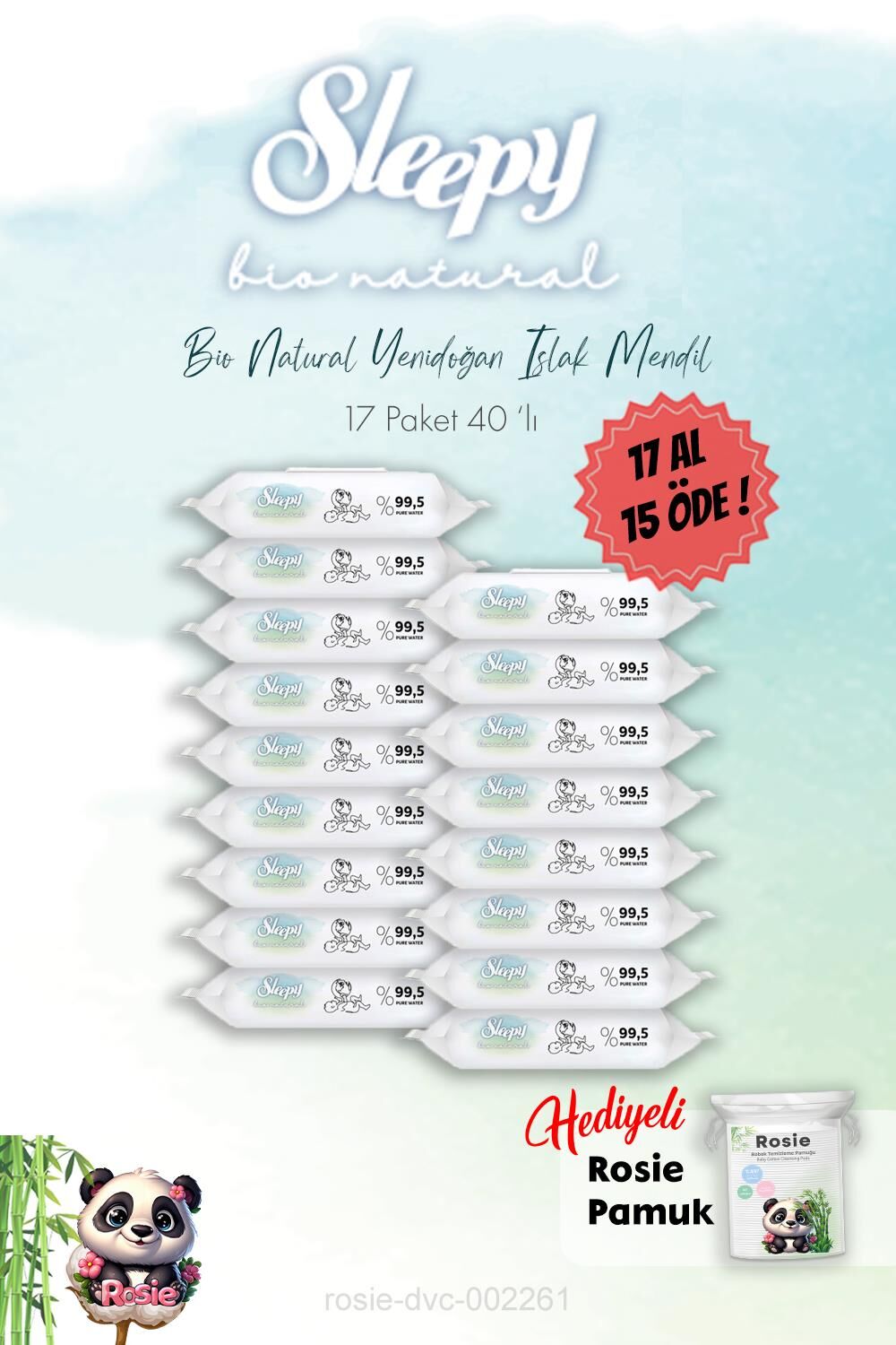Bio Natural Yenidoğan Islak Havlu 40'lı 17 Al 15 Öde ve Rosie Hediye