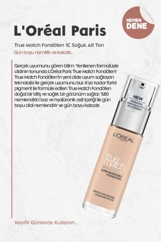 Loreal Paris True Match Fondöten 1C Soğuk Alt Ton
