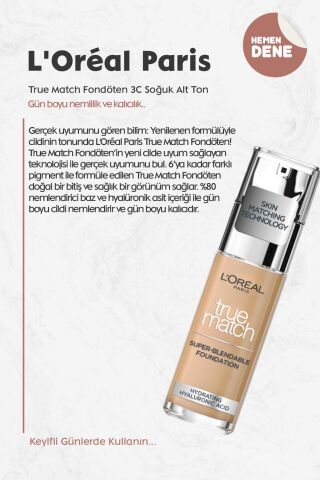Loreal Paris True Match Fondöten 3C Soğuk Alt Ton